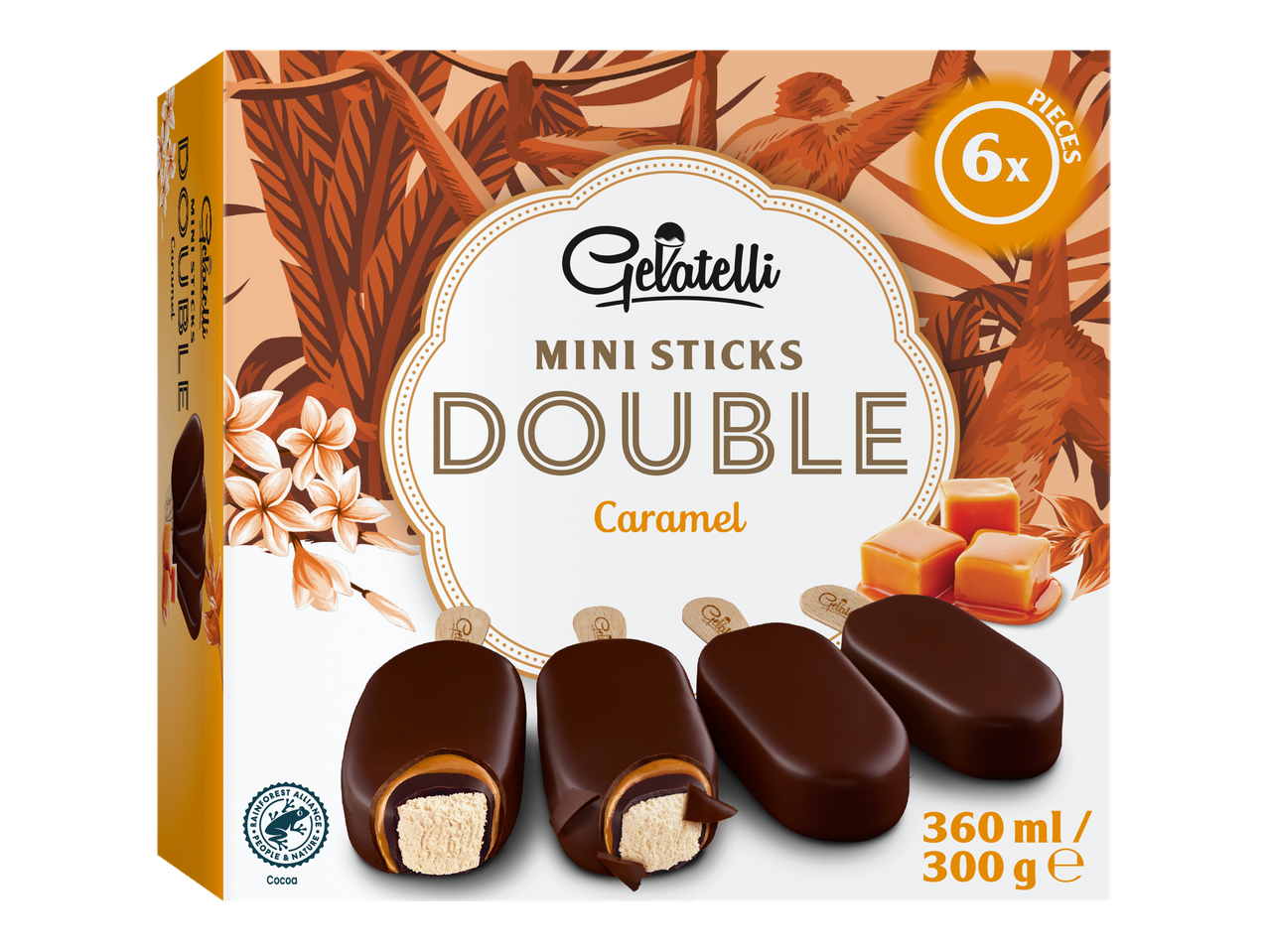 Înghețată Gelatelli Mini Sticks Double Caramel, 6 bucăți, 300g.