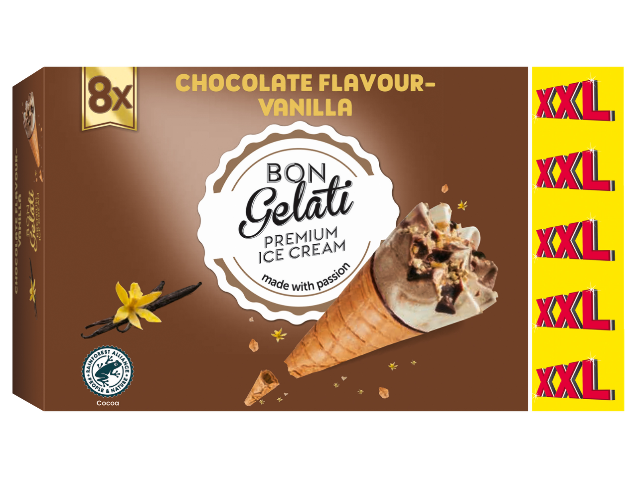 Bon Gelati XXL cones de sorvete de chocolate-baunilha, 8 unidades.