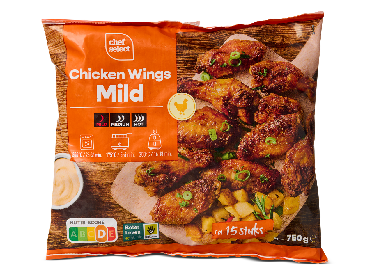 Een verpakking milde kippenvleugels van 750 gram.