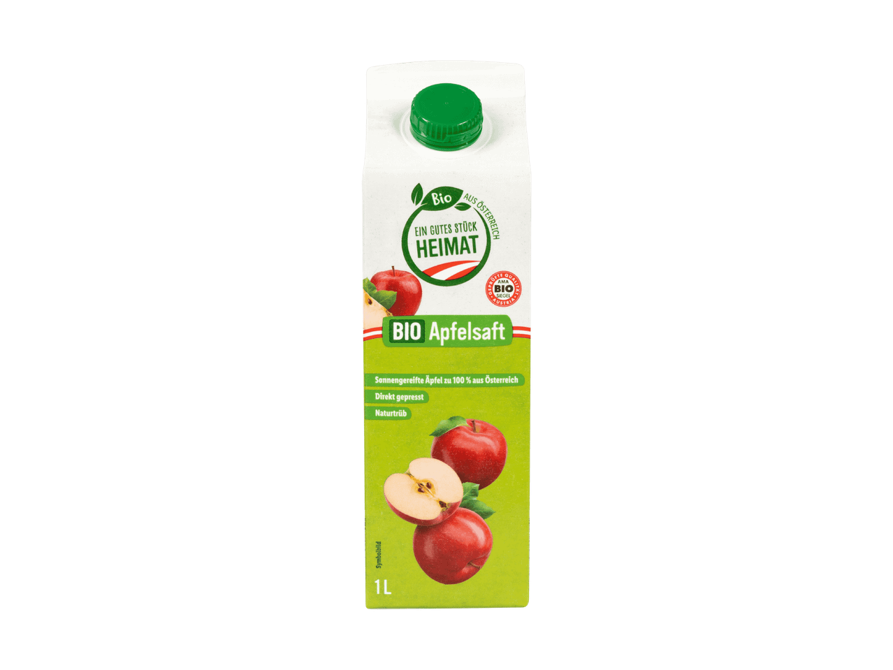1 Liter Bio-Apfelsaft aus Österreich in einer Tetra Pak Verpackung.