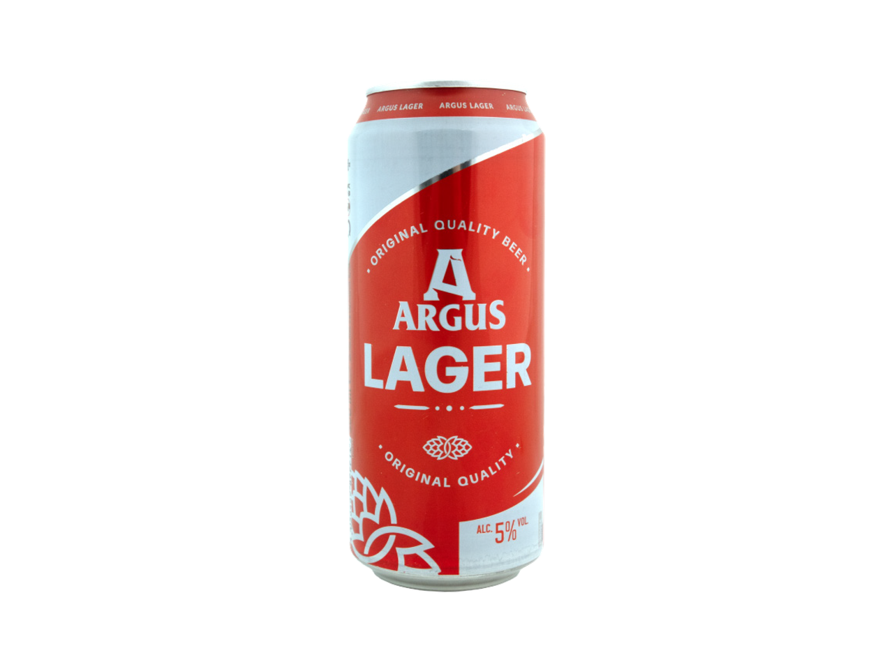 Argus Lager pivo u limenci, crveno-bela etiketa sa natpisom 'Original Quality Beer' i 5% alkohola.