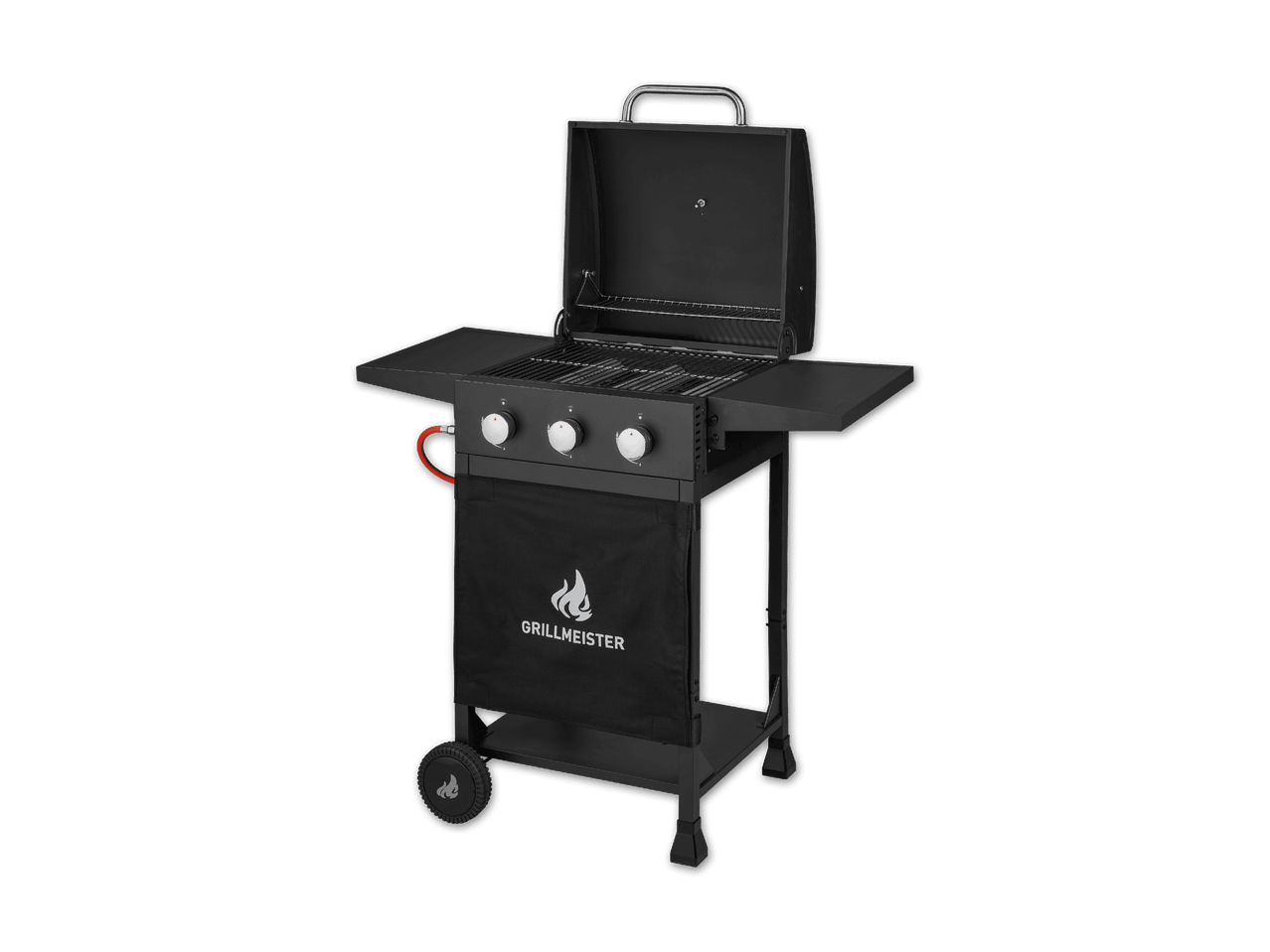 Schwarzer Grillmeister Gasgrill mit drei Brennern und offenem Deckel