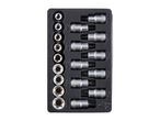 A set of star-shaped socket bits and Torx bit sockets in a black plastic organizer tray.