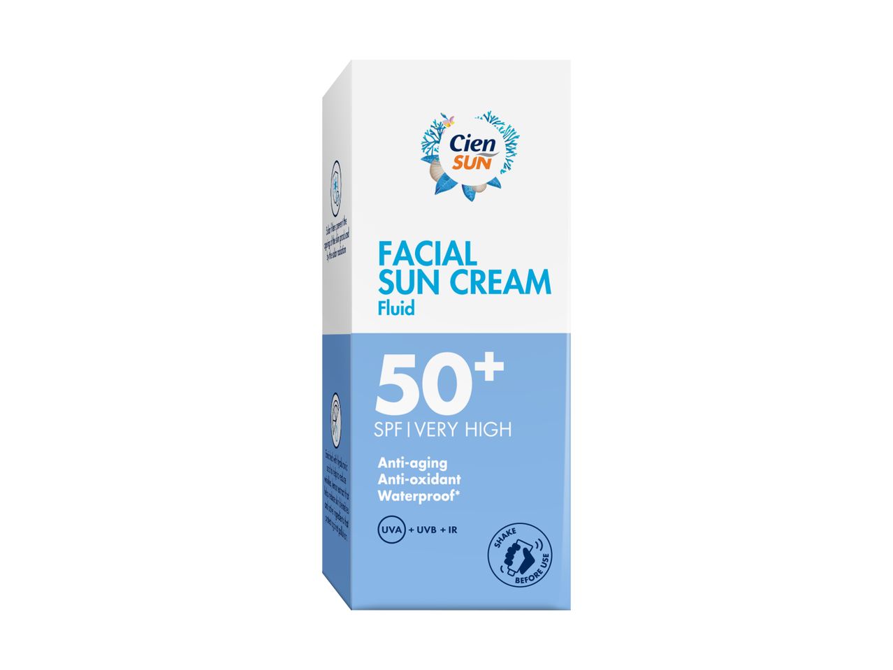 Facial sun cream fluid SPF 50+ with anti-aging, anti-oxidant, and waterproof properties.