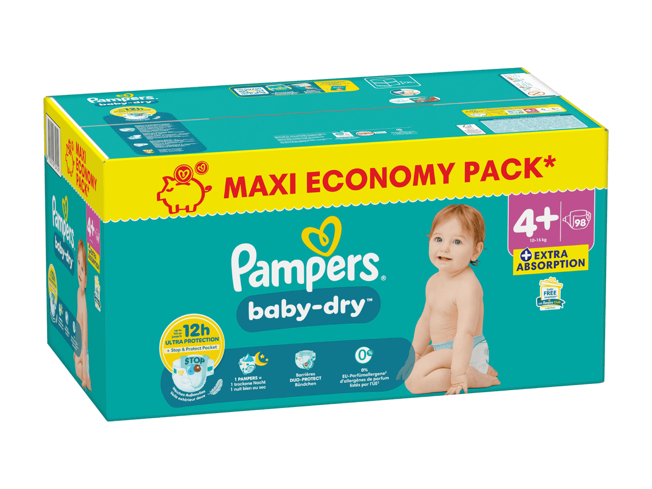 Pampers Baby-Dry Windelpackung Größe 4+ mit 98 Windeln, für 10-15 kg.