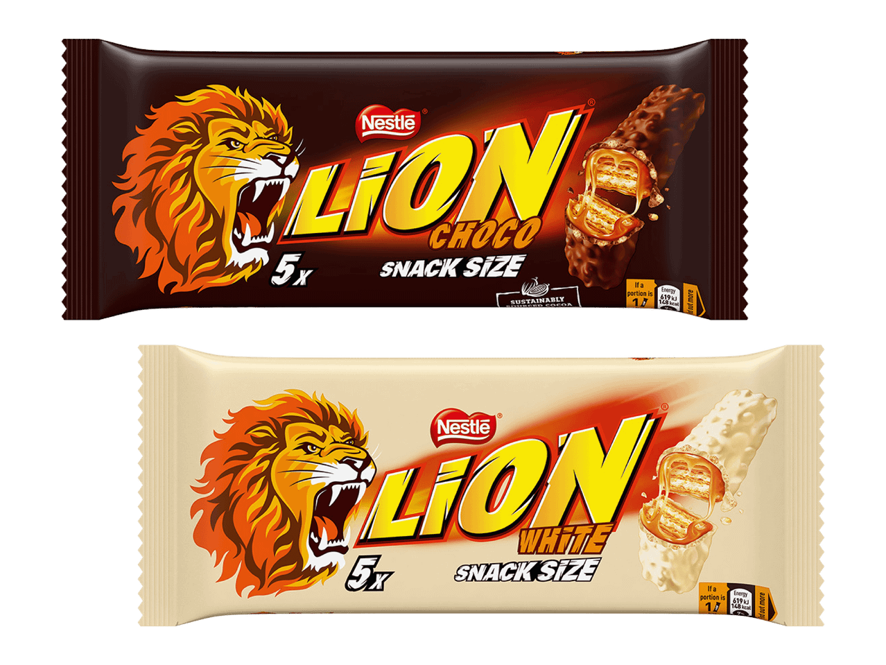 Nestlén Lion-suklaapatukoita, makuina tumma ja valkosuklaa, 5 kpl pakkauksissa.
