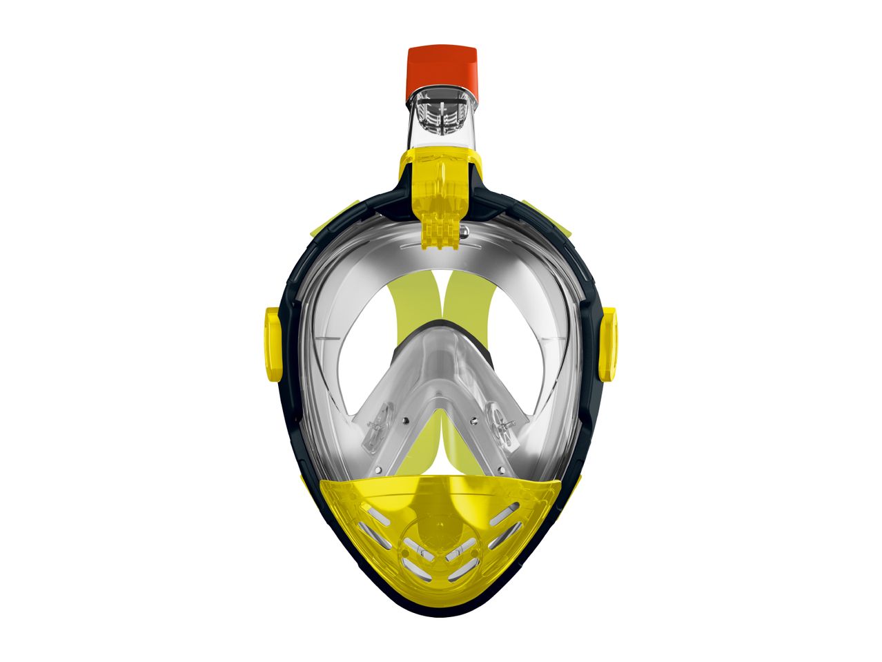 Yellow and black full-face snorkeling mask with an orange snorkel