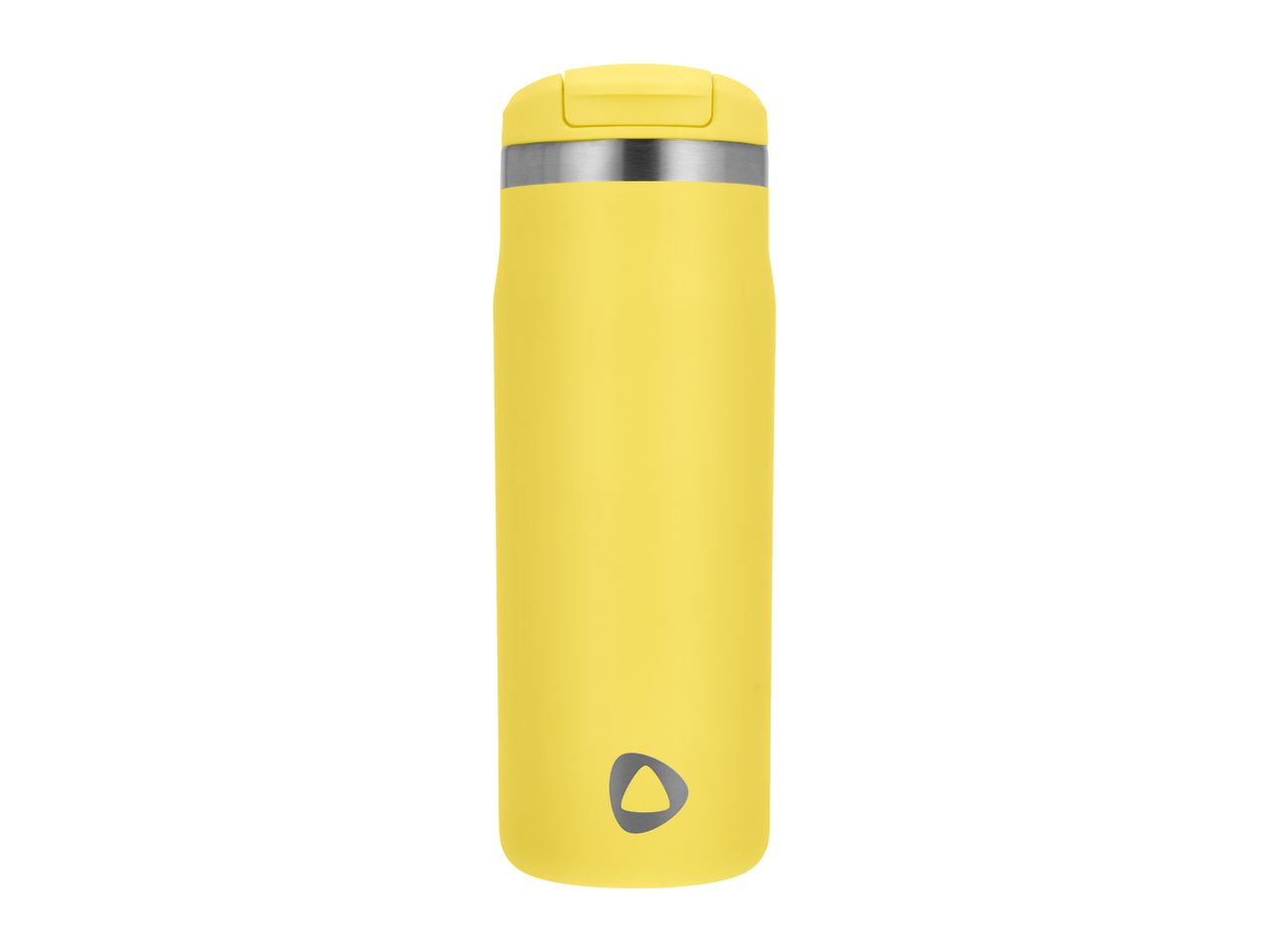 Yellow travel mug with a silver band and a triangular logo