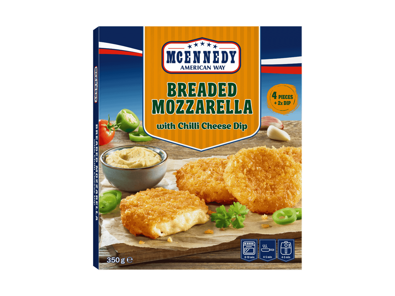 Mozzarella panée avec sauce au fromage et piment, 4 pièces avec 2 sauces.