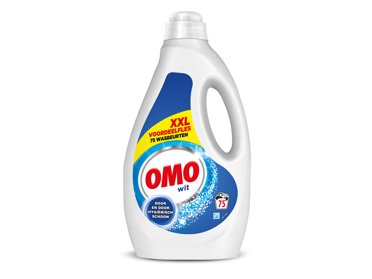 Witte fles wasmiddel met blauw en geel etiket, met de tekst 'XXL voordeelfles 75 wasbeurten'.