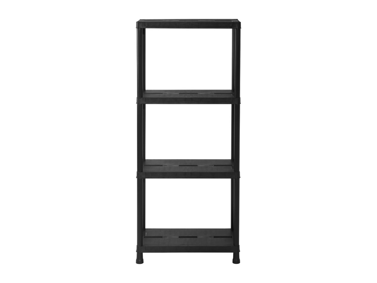 Black plastic 4-tier shelving unit on a white background.