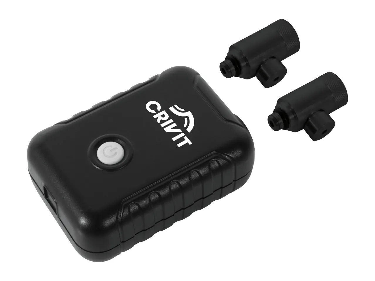 Black rectangular device with a power button and two small black cylindrical accessories.