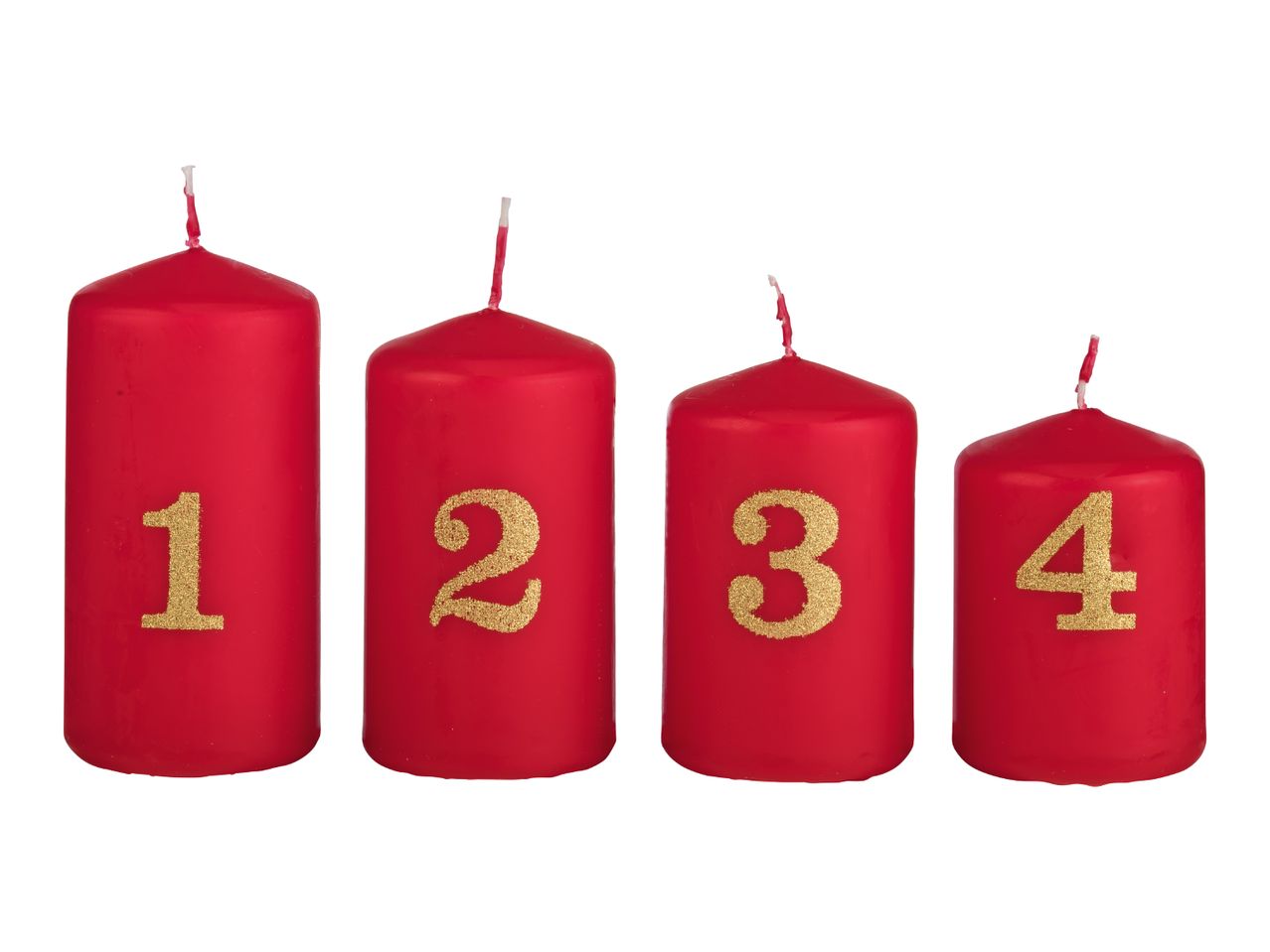 Four red Advent candles with golden numbers 1, 2, 3, and 4.