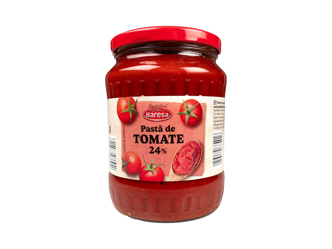 Pastă de tomate Baresa 24% într-un borcan de sticlă cu capac roșu.
