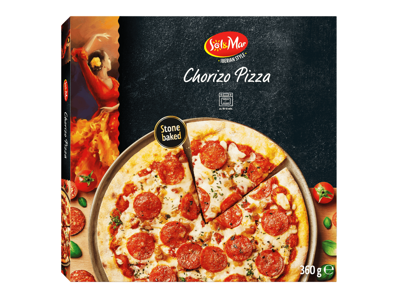 Chorizo-pizza, jossa on kaksi palaa leikattuna, tekstillä 'Stone baked' ja 'Iberian style'.
