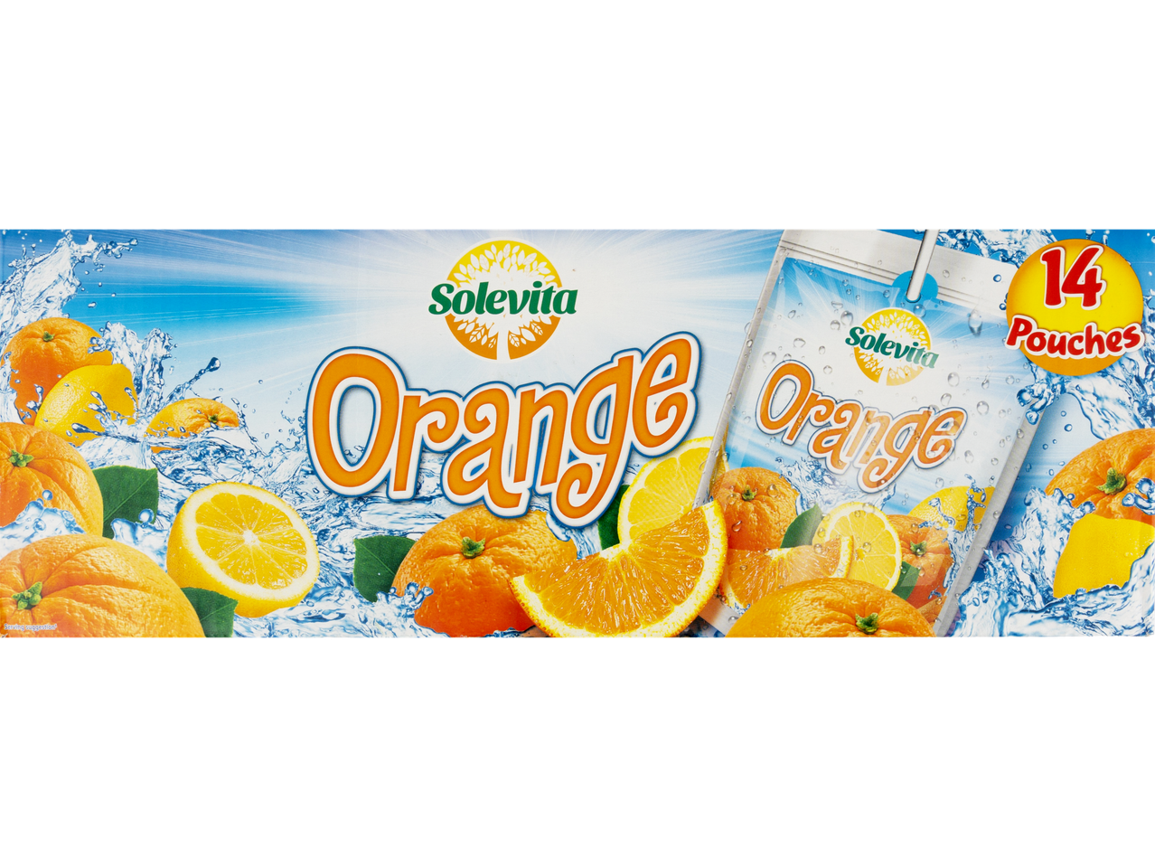 Solevita Orange juice box with 14 pouches, surrounded by oranges, lemons, and water splashes.
