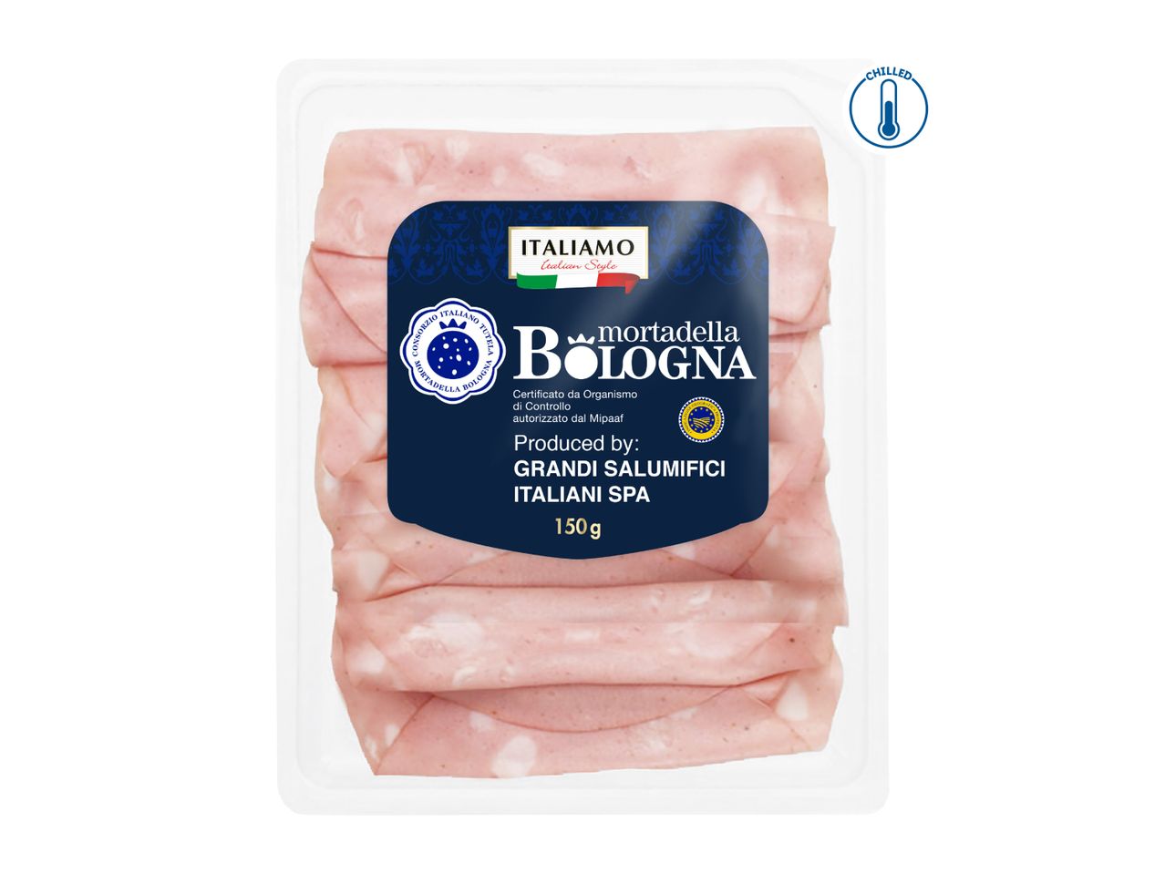 Chilled Mortadella Bologna, 150g, produced by Grandi Salumifici Italiani SPA.