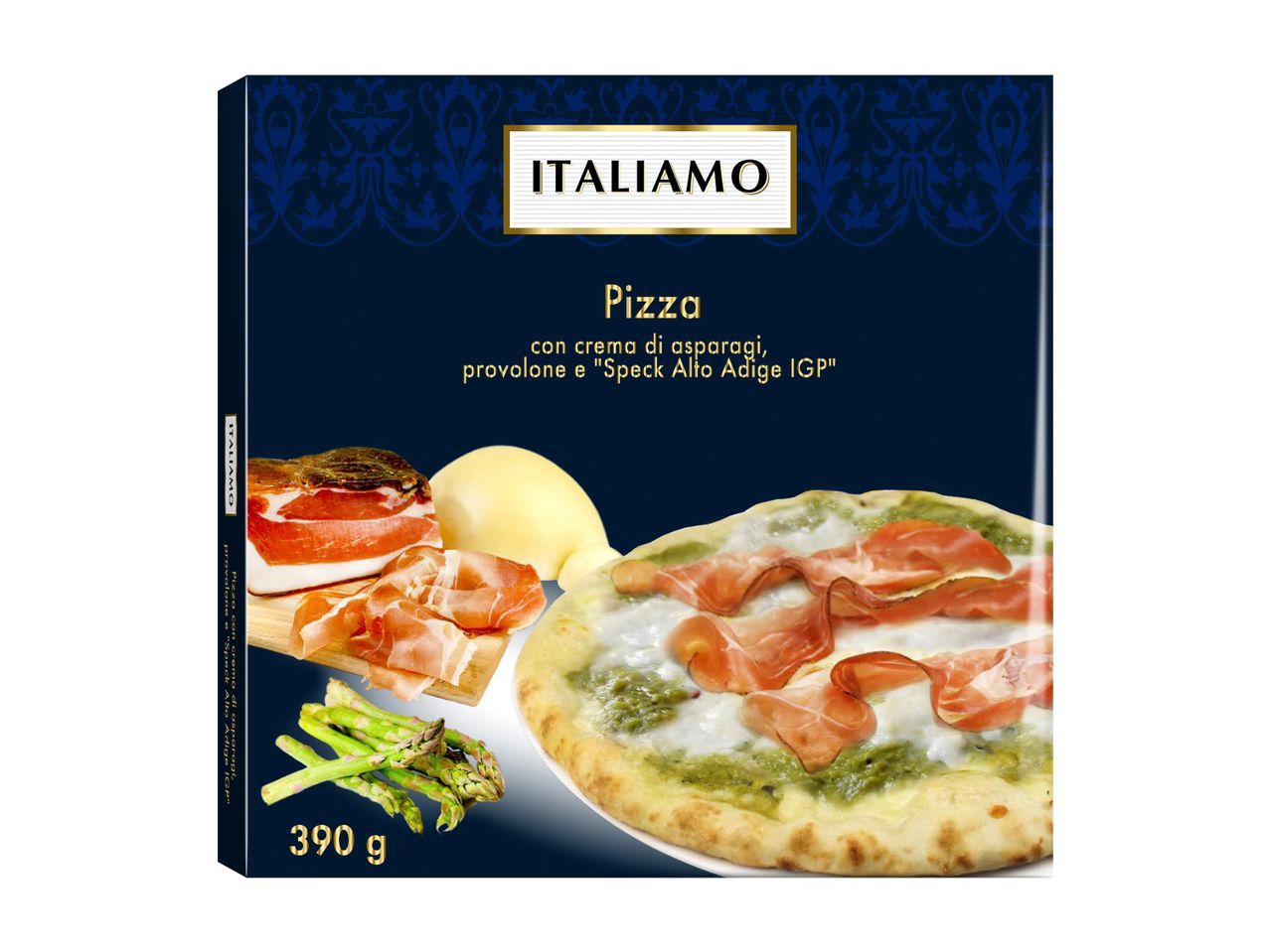 Pizza Italiamo con crema di asparagi, provolone e Speck Alto Adige IGP (390g).