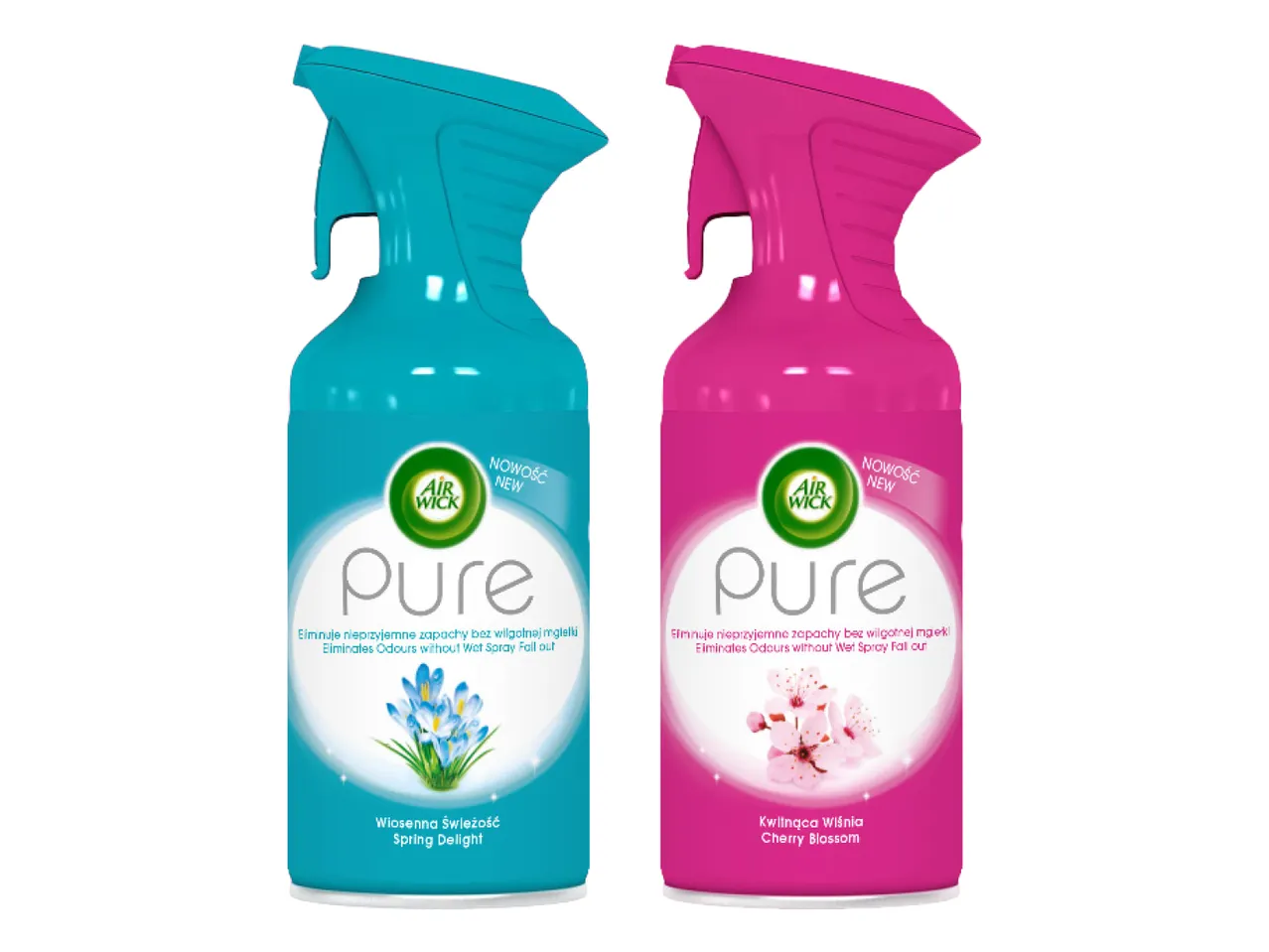 Kaks Air Wick Pure õhuvärskendajat: sinine Spring Delight ja roosa Cherry Blossom.