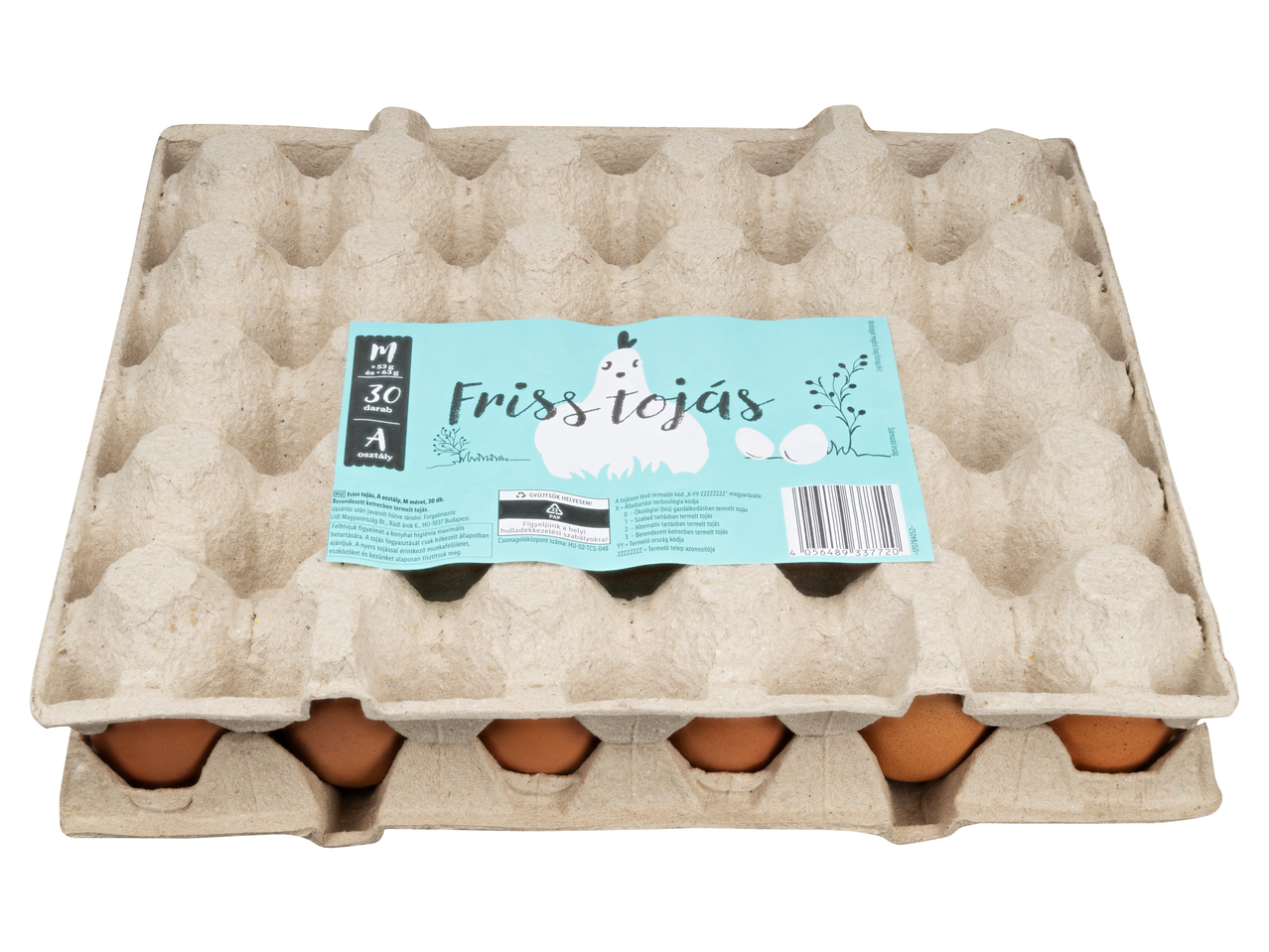 Tojástartó 30 db M-es méretű barna tojással, 'Friss tojás' felirattal.