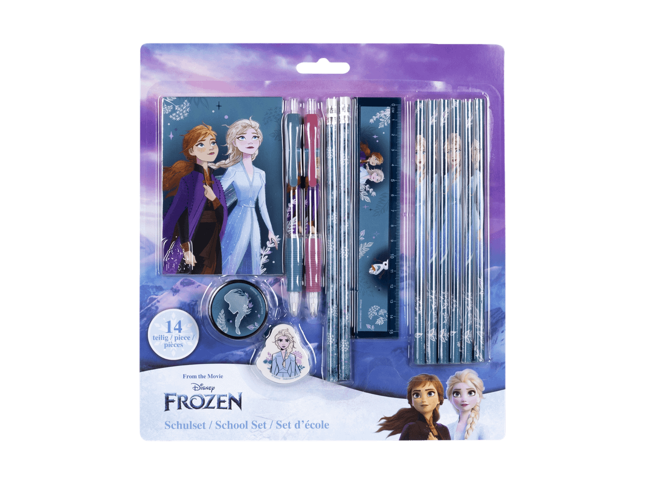 Skolesæt med 14 dele med Frozen-tema, inklusive blyanter, kuglepenne, lineal og viskelæder.