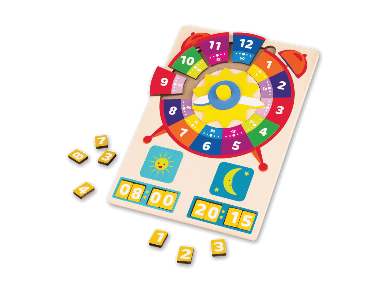 Holz-Lernuhr mit Zahlen und Tageszeit-Anzeige