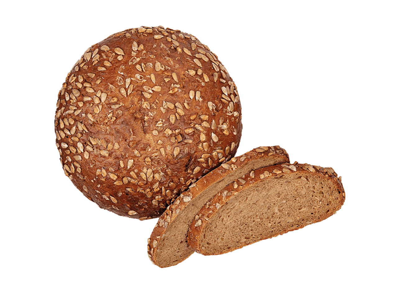 Rundes Vollkornbrot mit Sonnenblumenkernen und zwei Scheiben