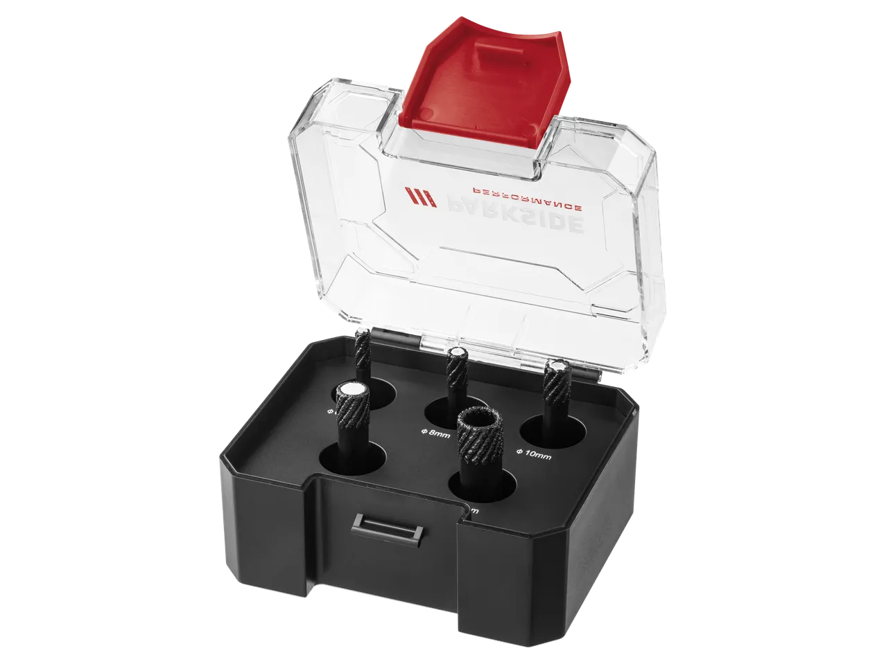 Σετ διαμαντοκορώνων Parkside Performance® σε διαφανή θήκη.