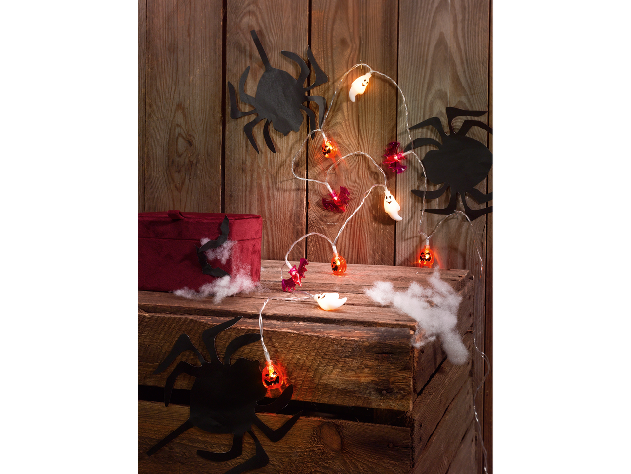 LIVARNO home 10 LED Halloween String Lights with spiders and a red box.
