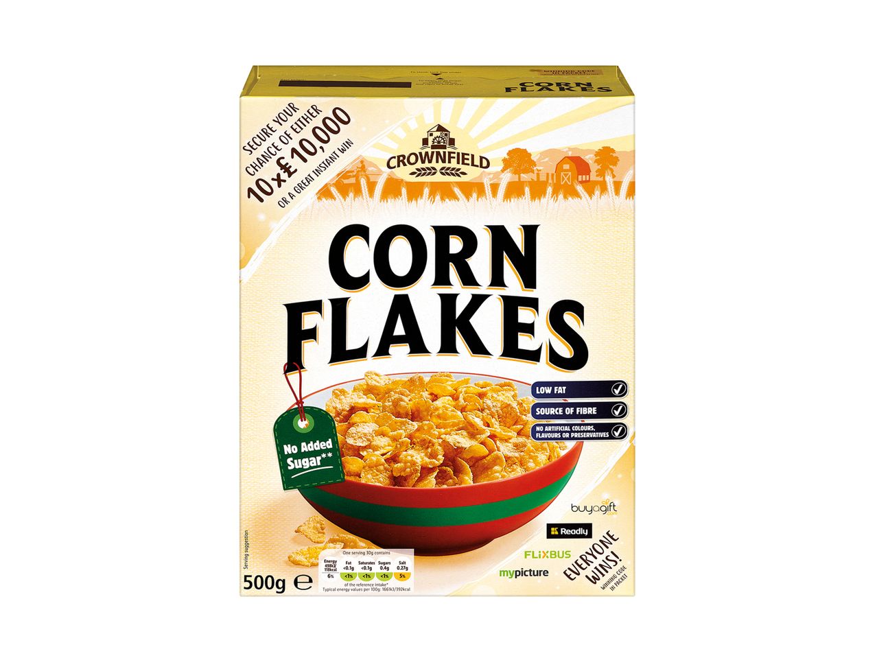 Crownfield Corn Flakes: low fat, no added sugar.