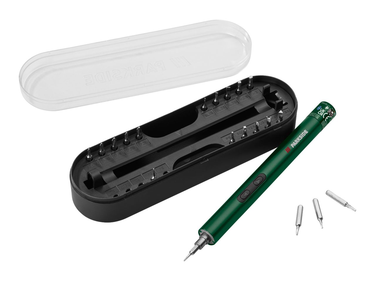 A green electric screwdriver with various bits in a black case with a clear lid.