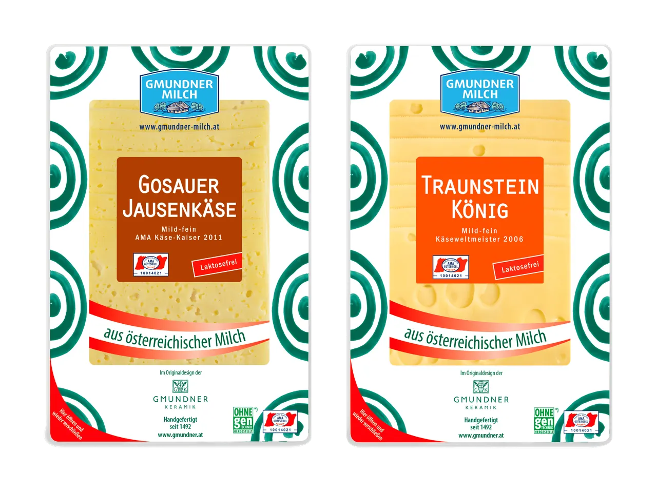 Zwei Packungen Käsescheiben, Gosauer Jausenkäse und Traunstein König, aus österreichischer Milch.