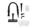 Steam cleaner accessories including a flexible hose, nozzles, brush, measuring cup, and cloth.