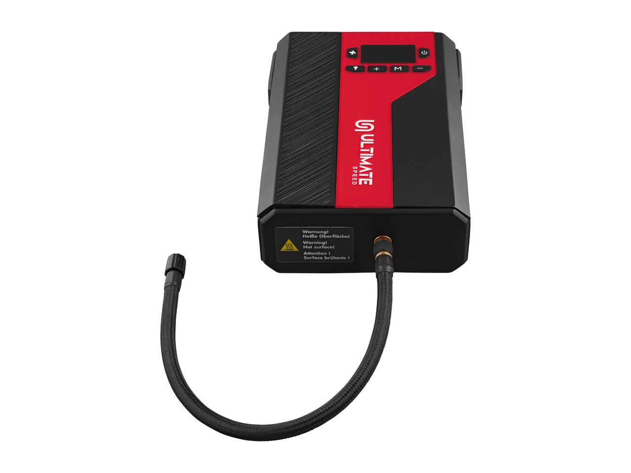 A black and red portable air compressor with a hose attached.