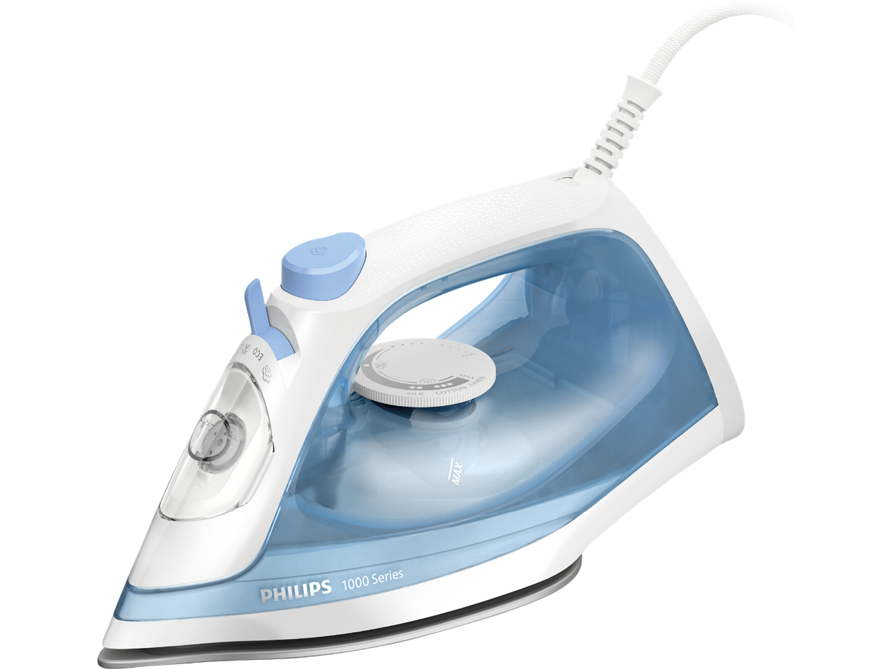 En vit och blå Philips 1000 Series ångstrykjärn med en vit sladd.
