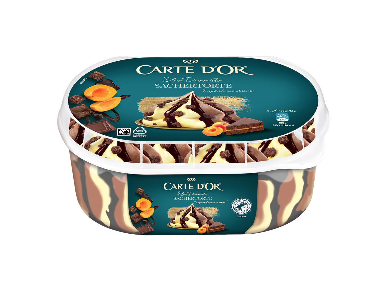 Sacher torta ihlette fagylalt, csokoládéval, sárgabarackkal és süteménydarabokkal díszítve.