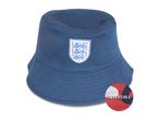 Blue reversible bucket hat with an embroidered crest, showing a glimpse of the red and white reverse.