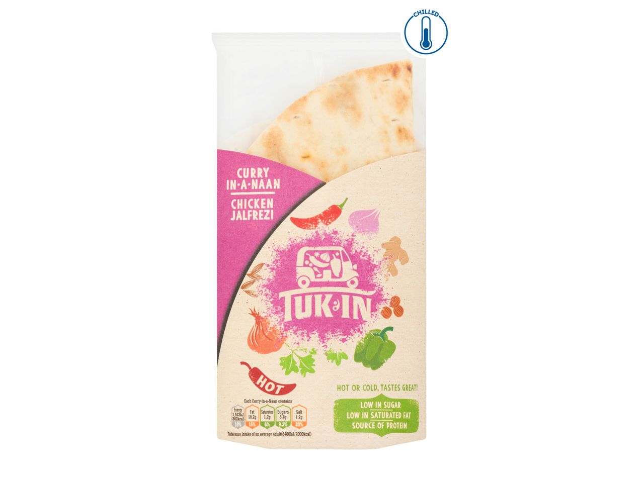 Tuk-In Curry in a Naan Chicken Jalfrezi, a chilled ready meal.