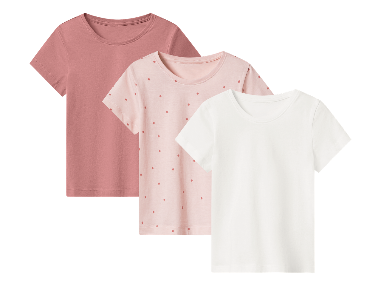 Set od tri dječje majice kratkih rukava: ružičasta, ružičasta s točkicama i bijela.