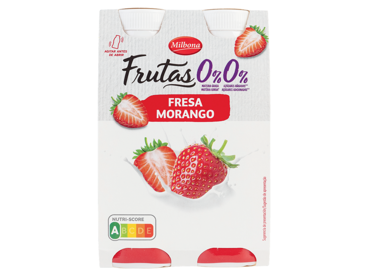 Milbona iogurte líquido magro 0% morango com Nutri-Score A.