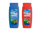 To flasker 2-i-1 shampoo og showergel til børn med Paw Patrol-tema, blå med blåbærduft og rød med jordbærduft.