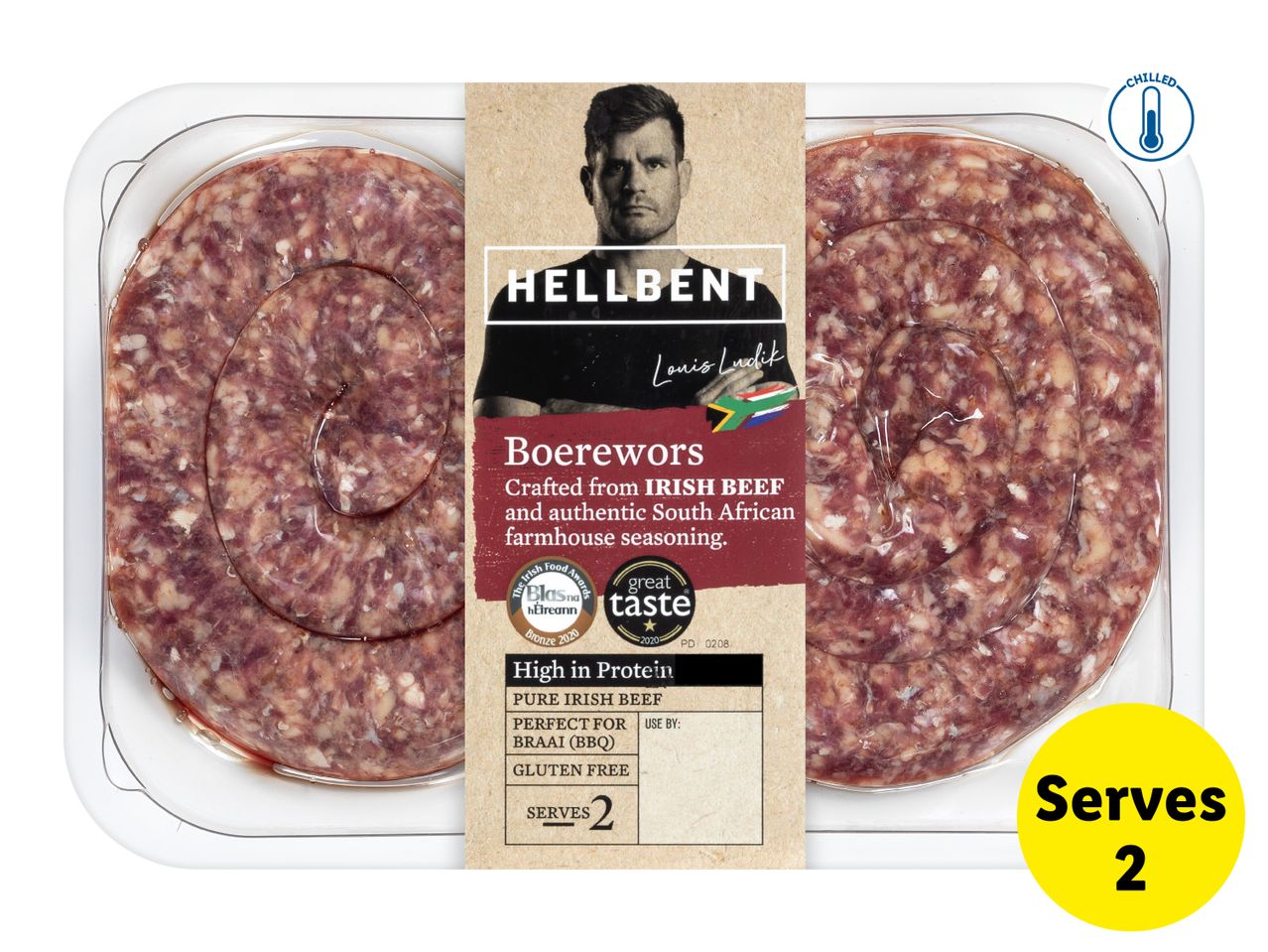Pack of chilled boerewors sausages made from Irish beef, with a label highlighting its high protein content and serving size of 2.