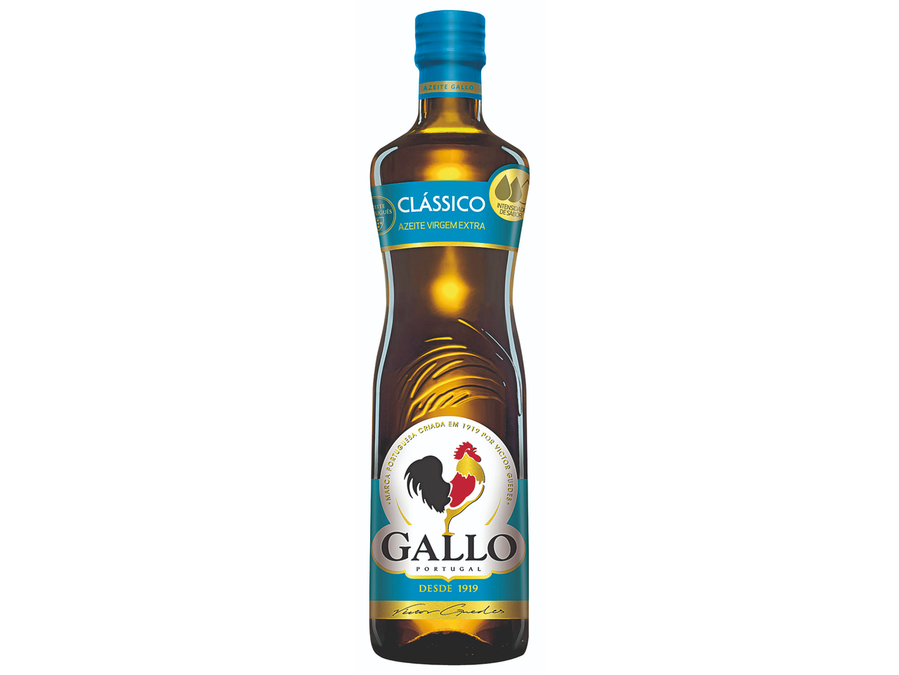 Garrafa de azeite Gallo Clássico Virgem Extra com rótulo azul e galo.