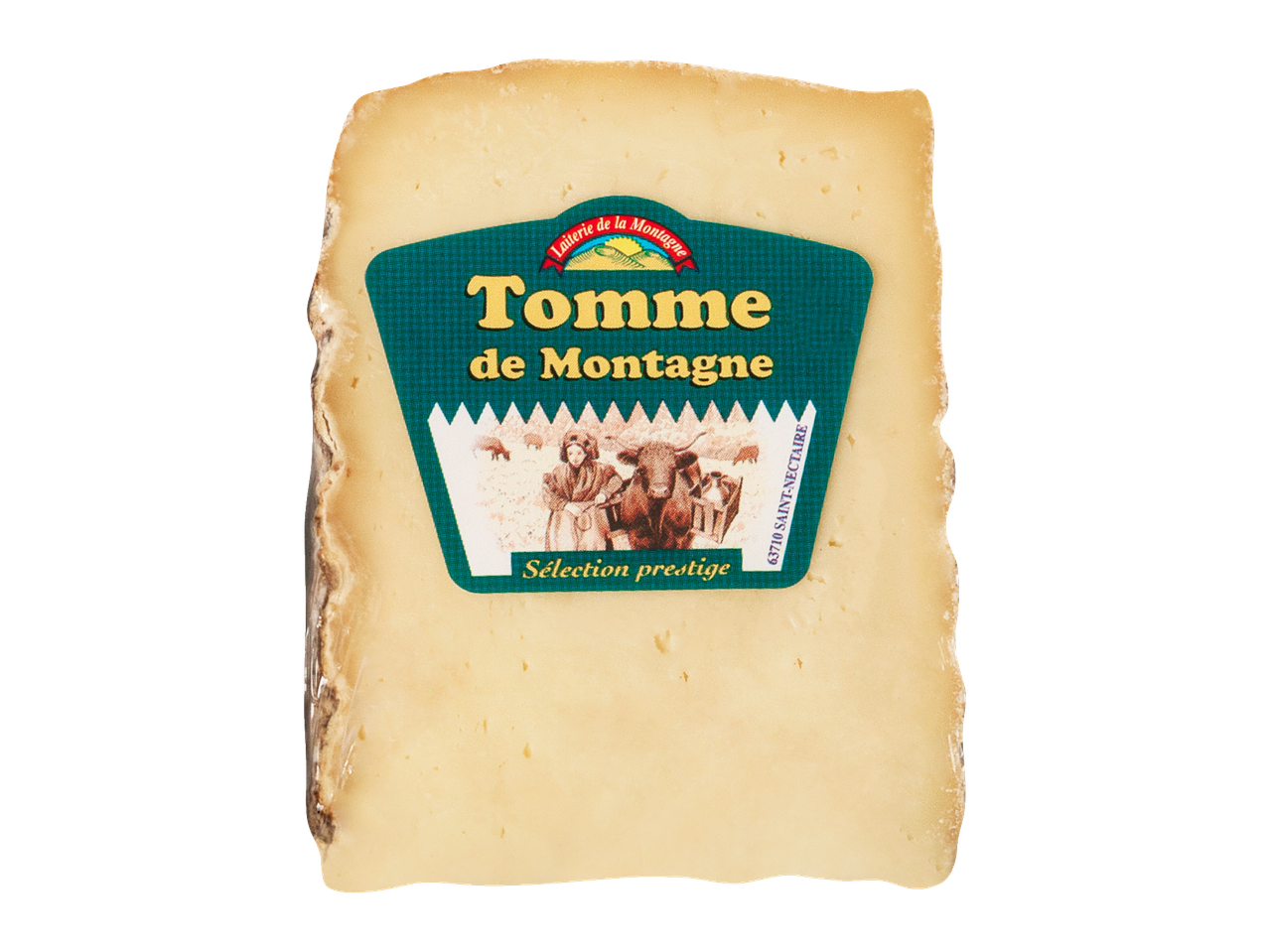 A block of Tomme de Montagne cheese with a label featuring a farmer and cows.