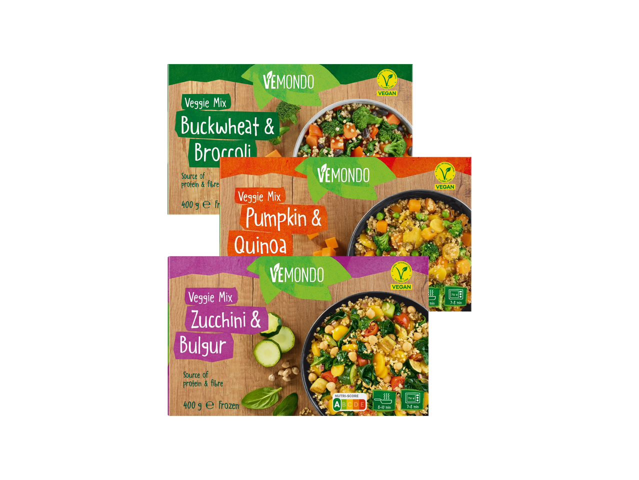 Tri pakiranja veganskih mješavina povrća: heljda i brokula, bundeva i kvinoja te tikvice i bulgur.