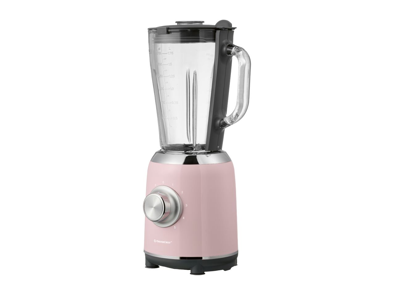 A pink and silver SilverCrest blender with a glass pitcher and measurement markings.