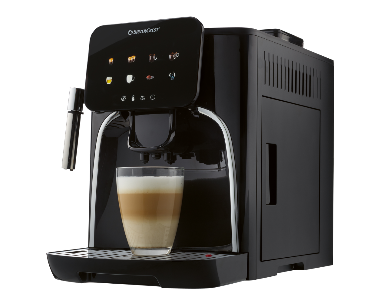 Black automatic coffee machine with a glass of latte macchiato on a black background.