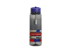 A clear plastic water bottle with a blue lid and patriotic-themed design.