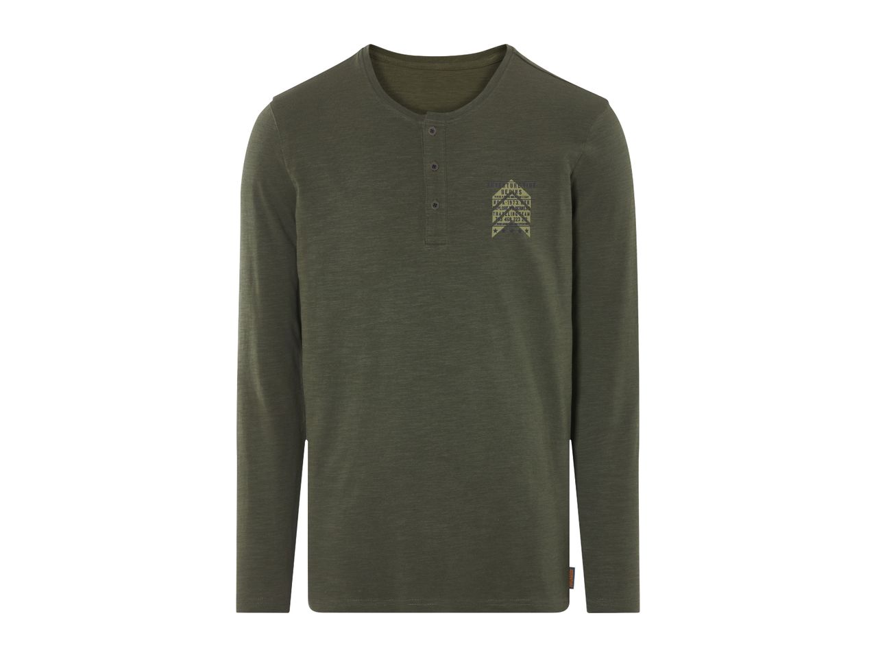 Olive green long-sleeve Henley shirt with a graphic print on the chest.