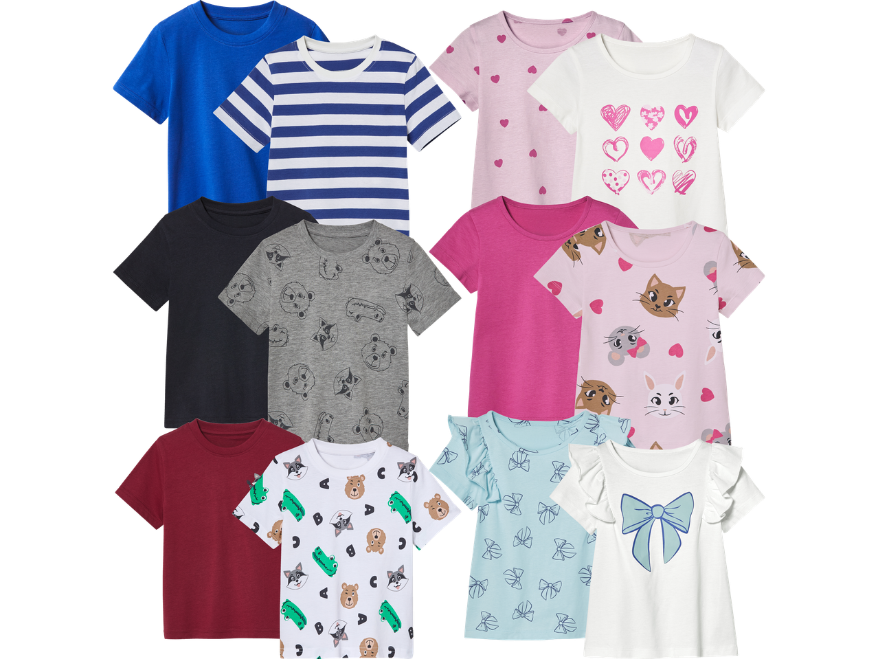 Tolv barns t-shirts med olika mönster och färger.